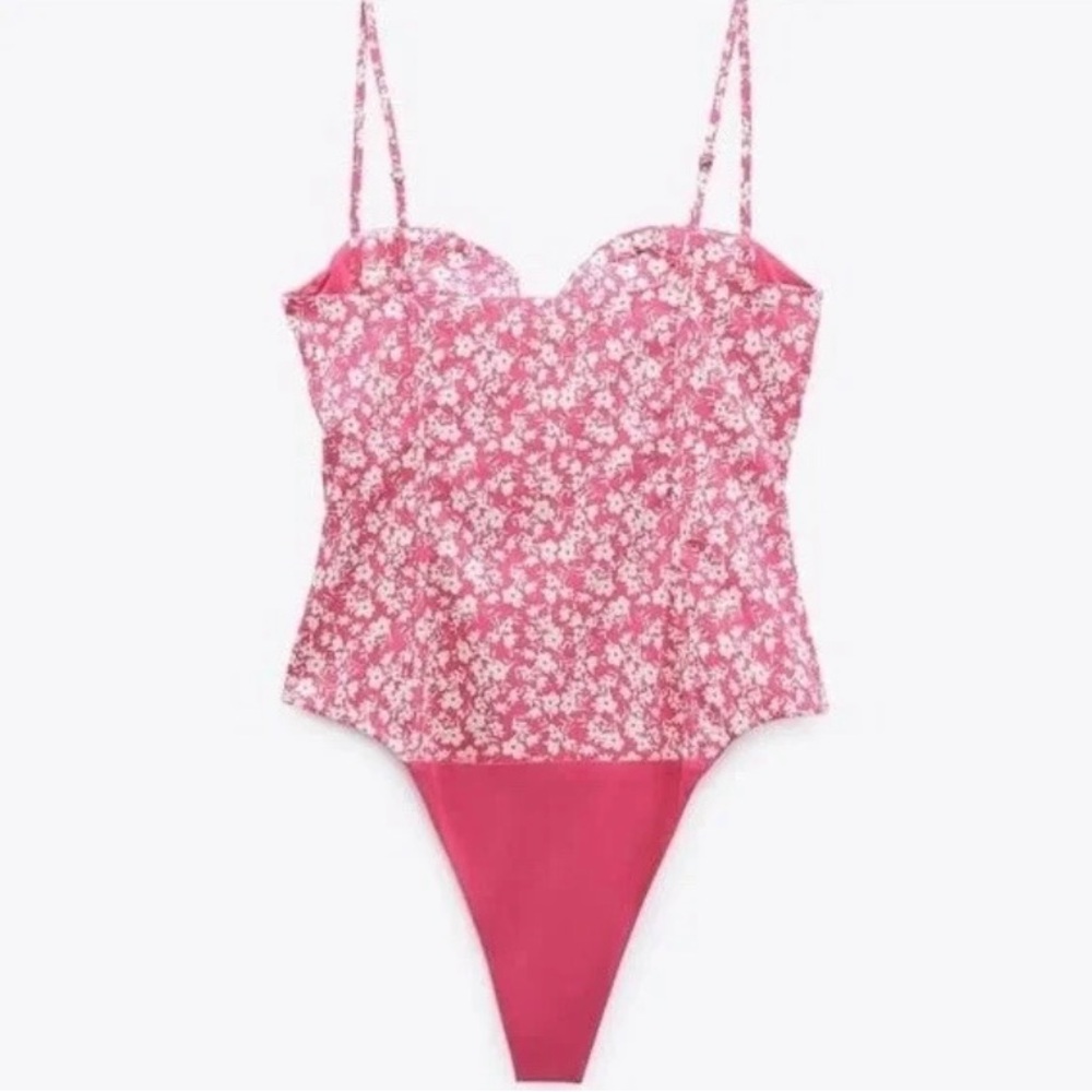 NWT ZARA Pink Floral Printed Corset Bodysuit Sweetheart Neck SMALL